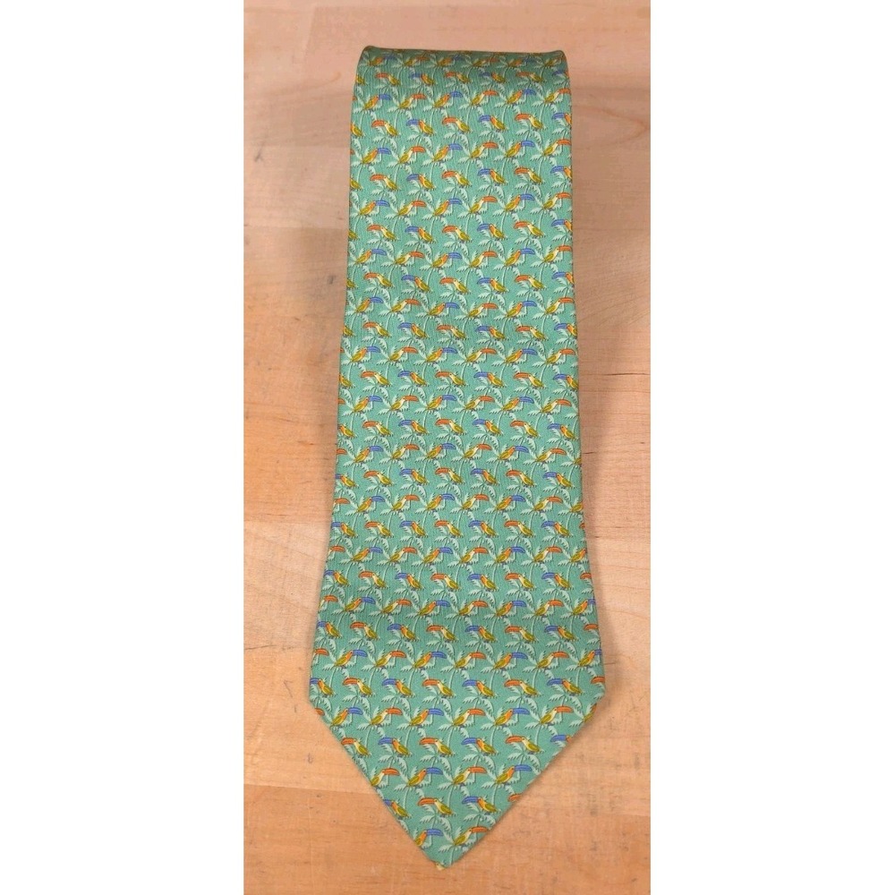 Salvatore Ferragamo 100% Silk Tie Pale Green Palm Trees Toucans